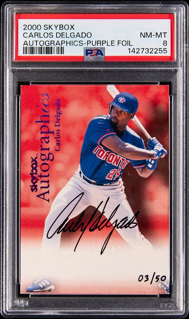 2000 SkyBox Autographics Purple Foil Carlos Delgado #no-number card image