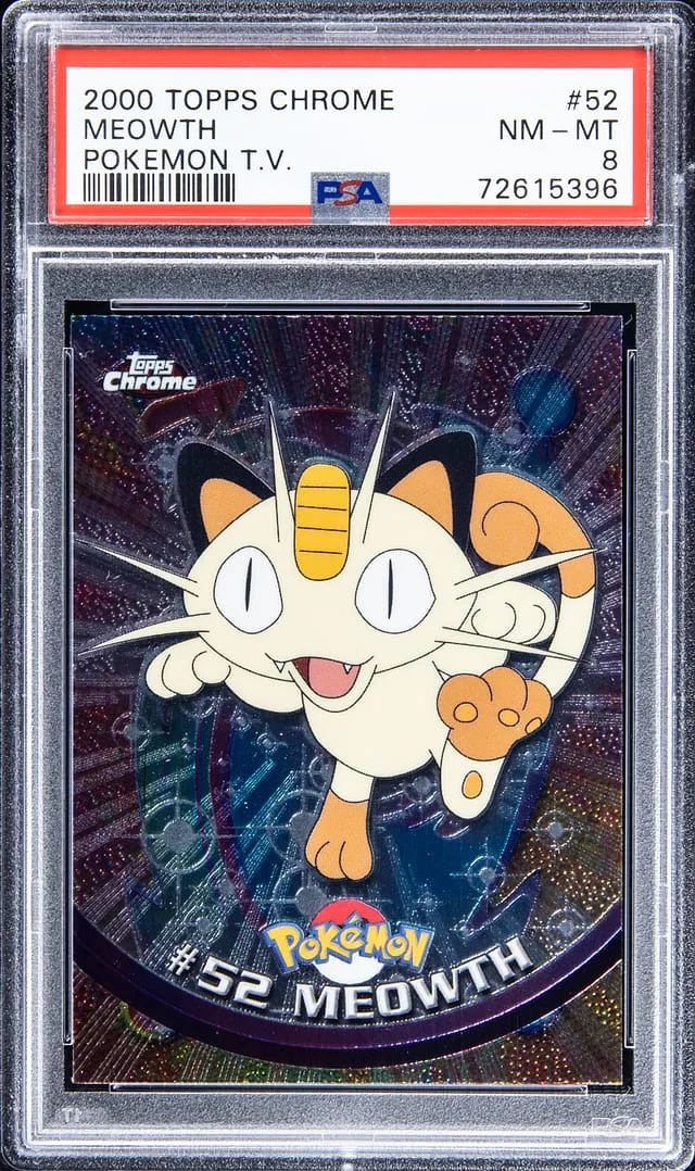 2000 Topps Chrome Meowth Pokemon TV Sparkle #52 card image