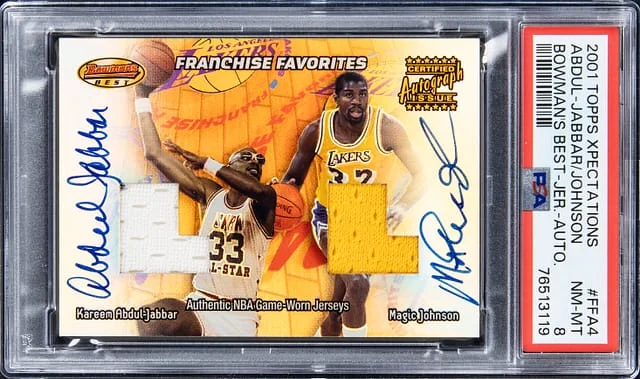 2001-02 Topps Kareem Abdul-Jabbar/Magic Johnson Xpectations Bowman's Best Autograph Jerseys #FFA4 card image