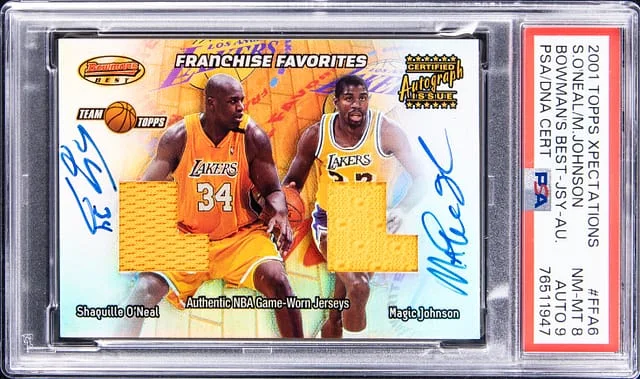 2001-02 Topps Shaquille O'Neal/Magic Johnson Xpectations Bowman's Best Jersey Autograph #FFA6 card image