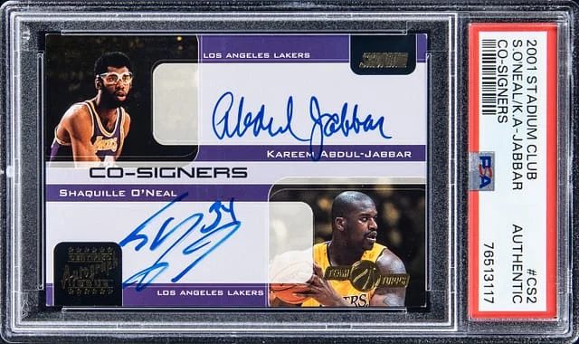 2001-02 Topps Stadium Club Shaquille O'Neal/Kareem Abdul-Jabbar Co-Signers #CS2 card image