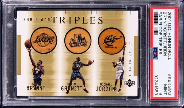 2001-02 Upper Deck Kobe Bryant/Kevin Garnett/Michael Jordan Honor Roll Fab Floor Triples #KBKGMJ card image