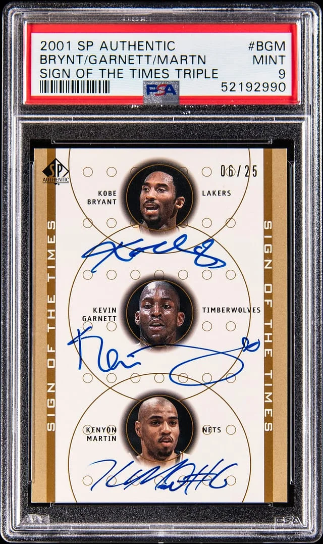 2001-02 Upper Deck SP Authentic Kobe Bryant/Kevin Garnett/Kenyon Martin Multi-Signed Sign of the Times Triple #BGM card image