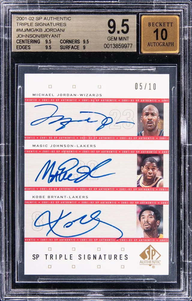 2001-02 Upper Deck SP Authentic Michael Jordan/Magic Johnson/Kobe Bryant Multi-Signed Triple Signatures #MJ/MG/KB card image
