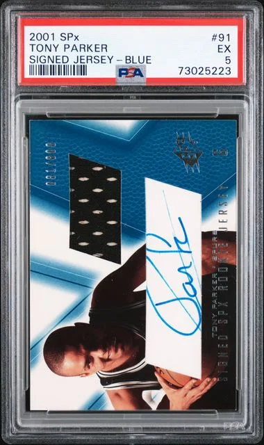 2001-02 Upper Deck SPx Tony Parker Signed Jersey Blue #91 card image