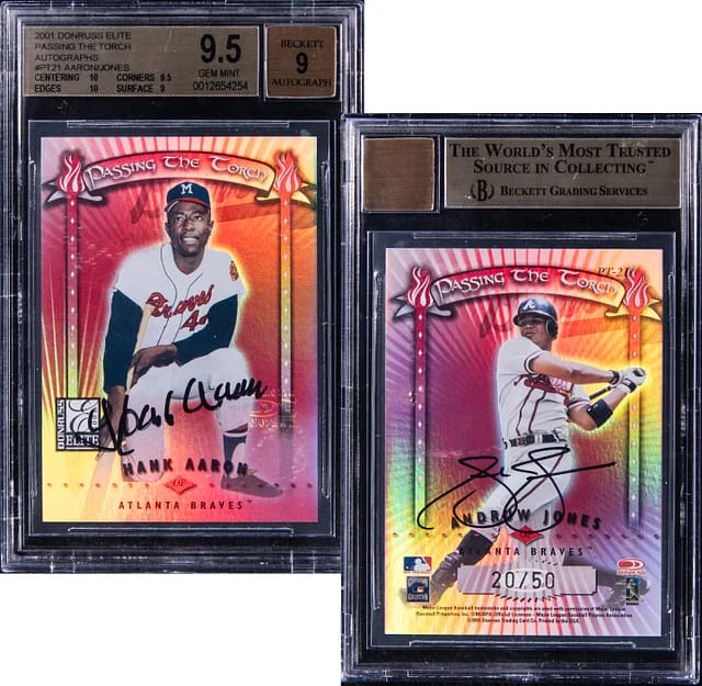2001 Donruss Elite Hank Aaron/Andruw Jones Passing the Torch Autographs #PT-21 card image
