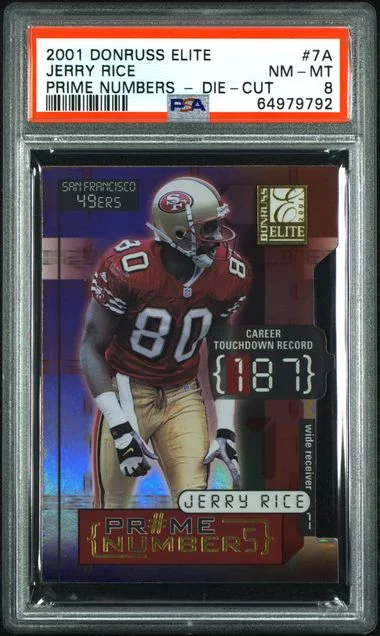 2001 Donruss Elite Jerry Rice Prime Numbers Die-Cut #PN-7A card image