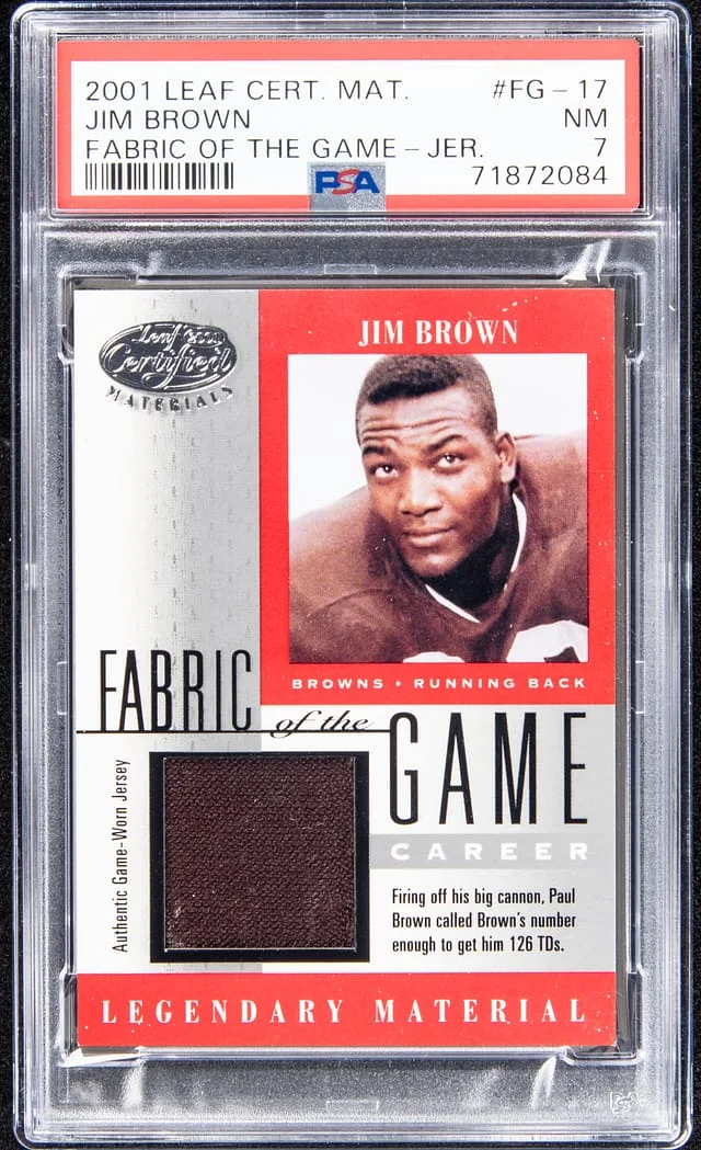 2001 Leaf Certified Materials Jim Brown Fabric of the Game #FG-17 card image