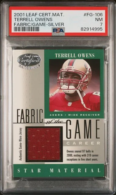 2001 Leaf Certified Materials Terrell Owens Fabric Of The Game Silver #Fg-106 card image