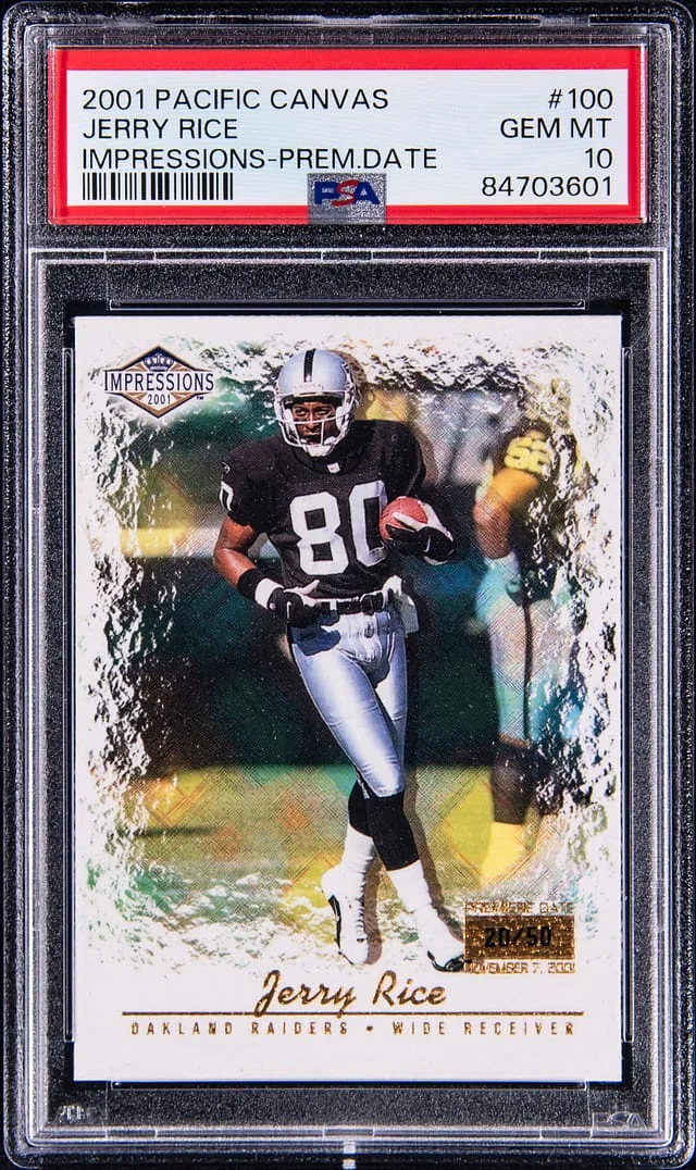 2001 Pacific Canvas Impressions Premiere Date Jerry Rice #100 card image
