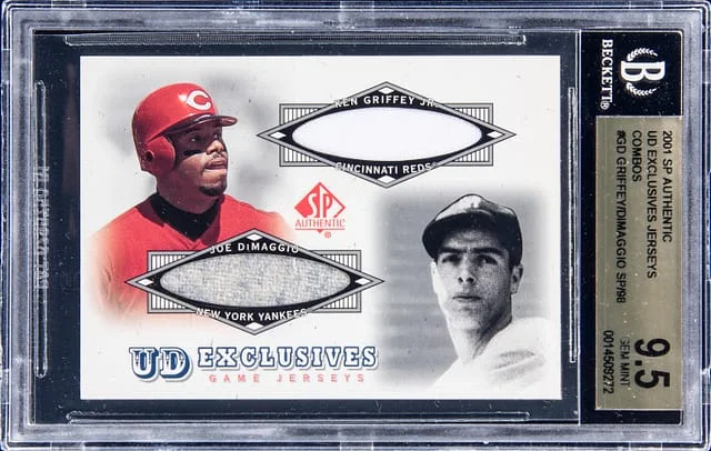 2001 SP Authentic Ken Griffey Jr, Joe DiMaggio Dual UD Exclusives Jerseys Combos #GD card image