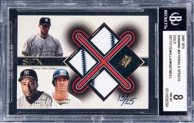 2001 SPx Andy Petitte, Bernie Williams, Paul O'Neal Triple Winning Materials Update Gold #PWO card image