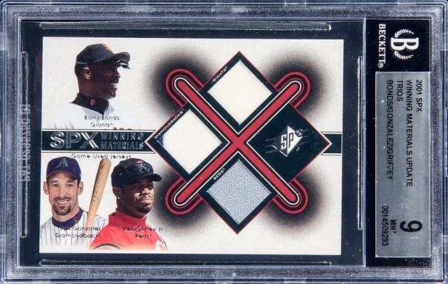 2001 SPx Barry Bonds, Ken Griffey Jr, Luis Gonzalez Trios Winning Materials Update Trios #BGG card image