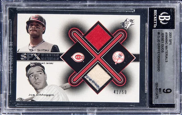 2001 SPx Ken Griffey Jr, Joe DiMaggio Dual Winning Materials Jersey Duos #KG-JD card image