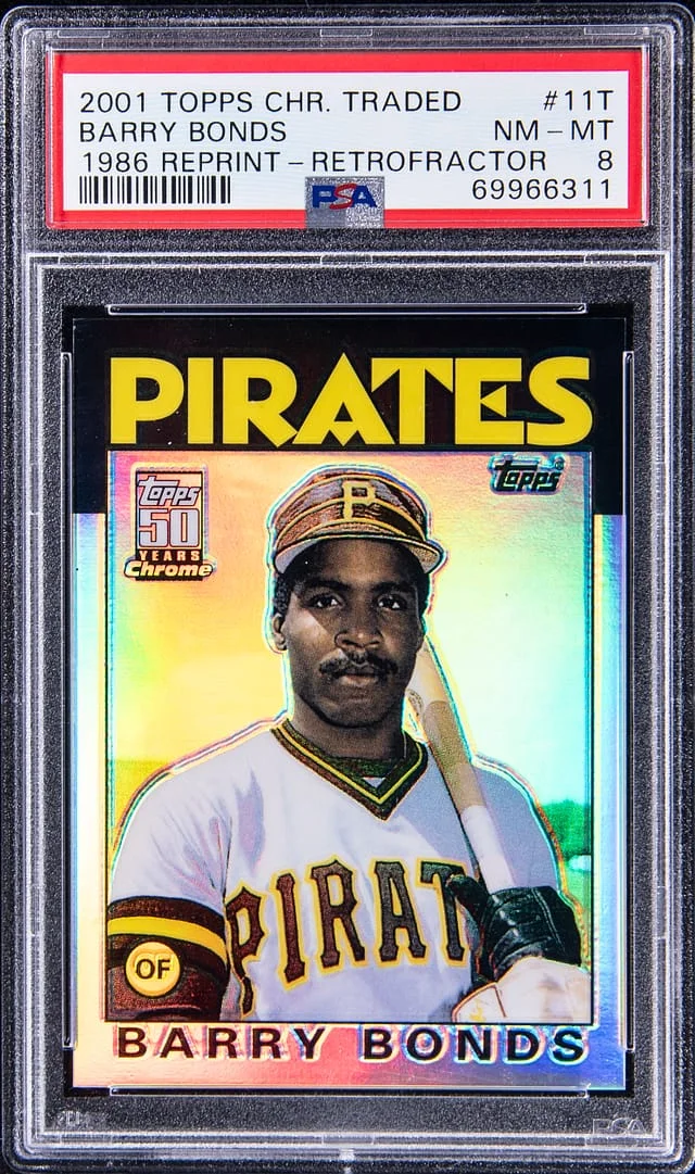 2001 Topps Chrome Barry Bonds Traded 1986 Reprint Retrofractor #11T card image