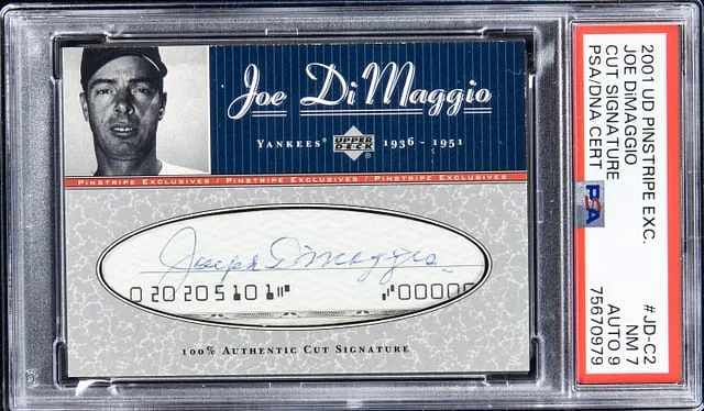 2001 Upper Deck Joe DiMaggio Pinstripe Exclusives Cut Signature #JD-C2 card image