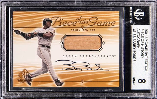 2001 Upper Deck SP Barry Bonds Game Bat Edition Piece of History Autograph #S-BB card image