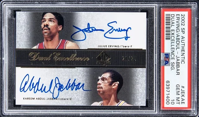 2002-03 UD SP Authentic Dual Excellence Signatures Julius Erving/Kareem Abdul-Jabbar #JEKAE card image