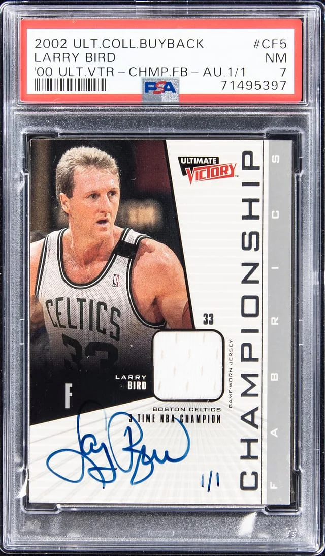 2002-03 UD Ultimate Collection Larry Bird Buyback Autographs '00-01 UD Ultimate Victory Championship Fabrics #CF5 card image