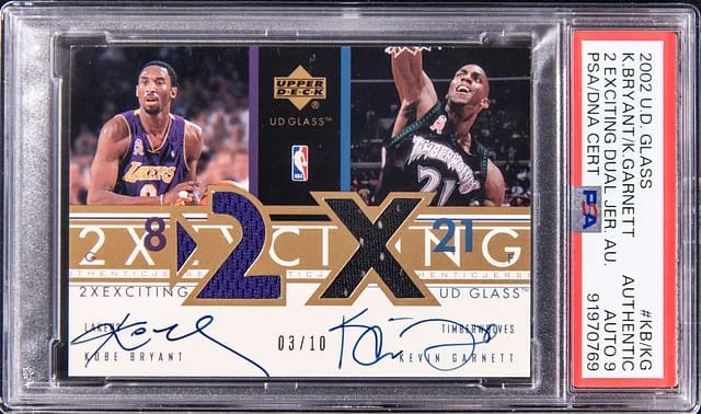 2002-03 Upper Deck Kobe Bryant/Kevin Garnett Glass 2 Exciting Dual Jersey Autograph #A2X-KB/KG card image