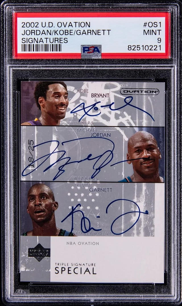 2002-03 Upper Deck Ovation Kobe Bryant/Michael Jordan/Kevin Garnett Multi-Signed Signatures #OS1 card image