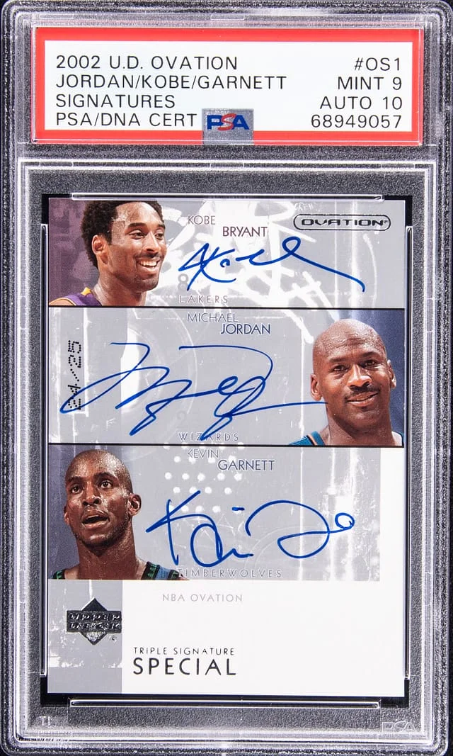 2002-03 Upper Deck Ovation Michael Jordan/Kobe Bryant/Kevin Garnett Multi-Signed Signatures #OS1 card image