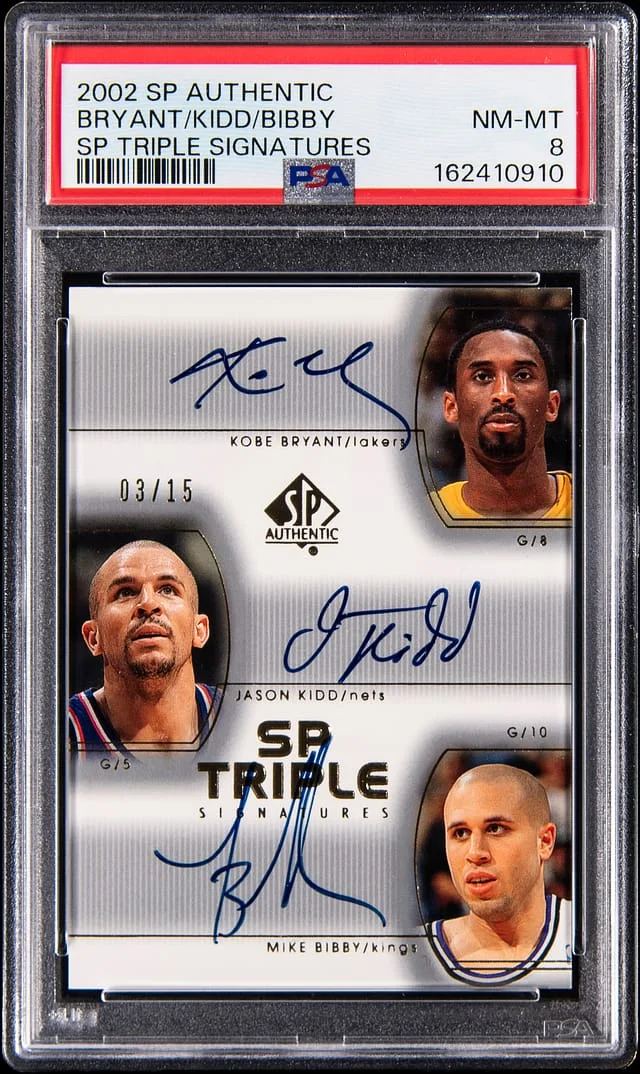 2002-03 Upper Deck SP Authentic Kobe Bryant/Jason Kidd/Mike Bibby Multi-Signed SP Triple Signatures #KB/JK/MB card image
