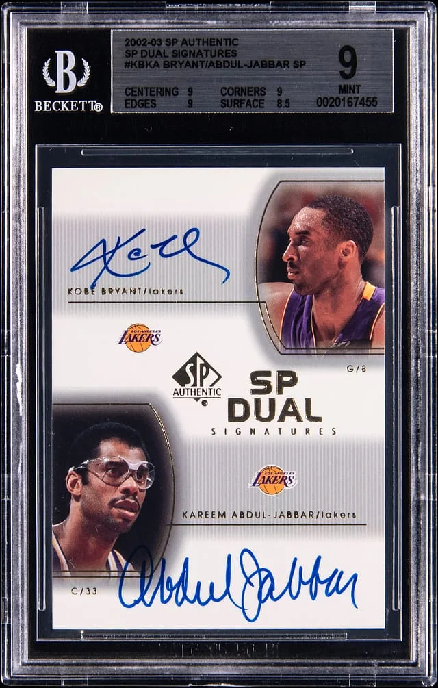 2002-03 Upper Deck SP Authentic Kobe Bryant/Kareem Abdul-Jabbar SP Dual Signatures #KB/KA card image