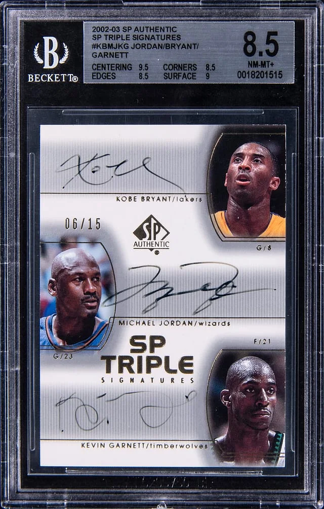 2002-03 Upper Deck SP Authentic Kobe Bryant/Michael Jordan/Kevin Garnett Multi-Signed Triple Signatures #KBMJKG card image