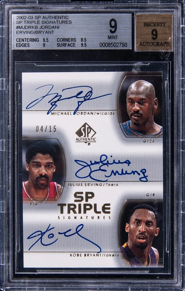 2002-03 Upper Deck SP Authentic Michael Jordan/Julius Erving/Kobe Bryant Multi-Signed SP Triple Signatures #MJ/DR/KB card image