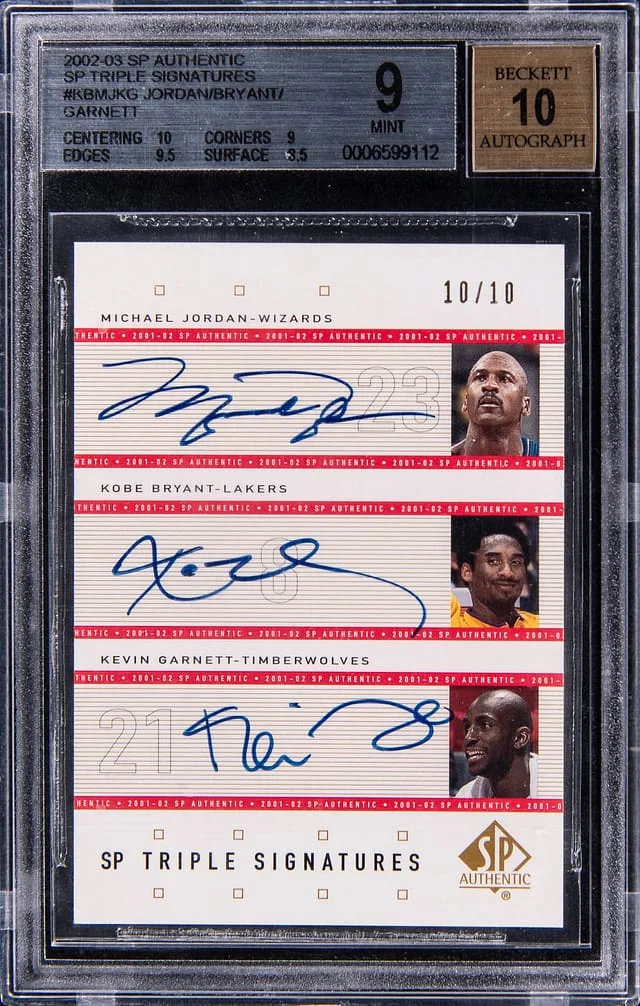 2002-03 Upper Deck SP Authentic Michael Jordan/Kobe Bryant/Kevin Garnett Multi-Signed SP Triple Signatures #MJ/KB/KG card image