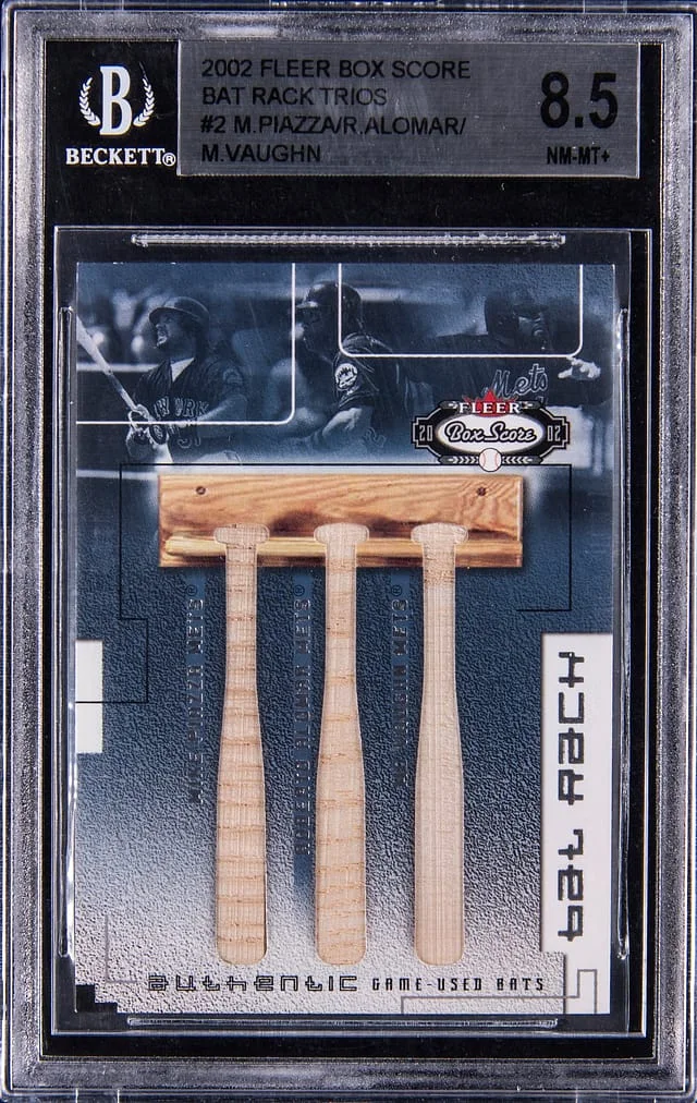 2002 Fleer Box Score Mike Piazza/Roberto Alomar/Mo Vaughn Bat Rack Trios #2 card image