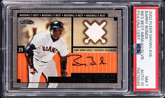 2002 Fleer Showcase Baseball's Best Bb's Best-Mem.Auto.Silver Barry Bonds #no-number card image