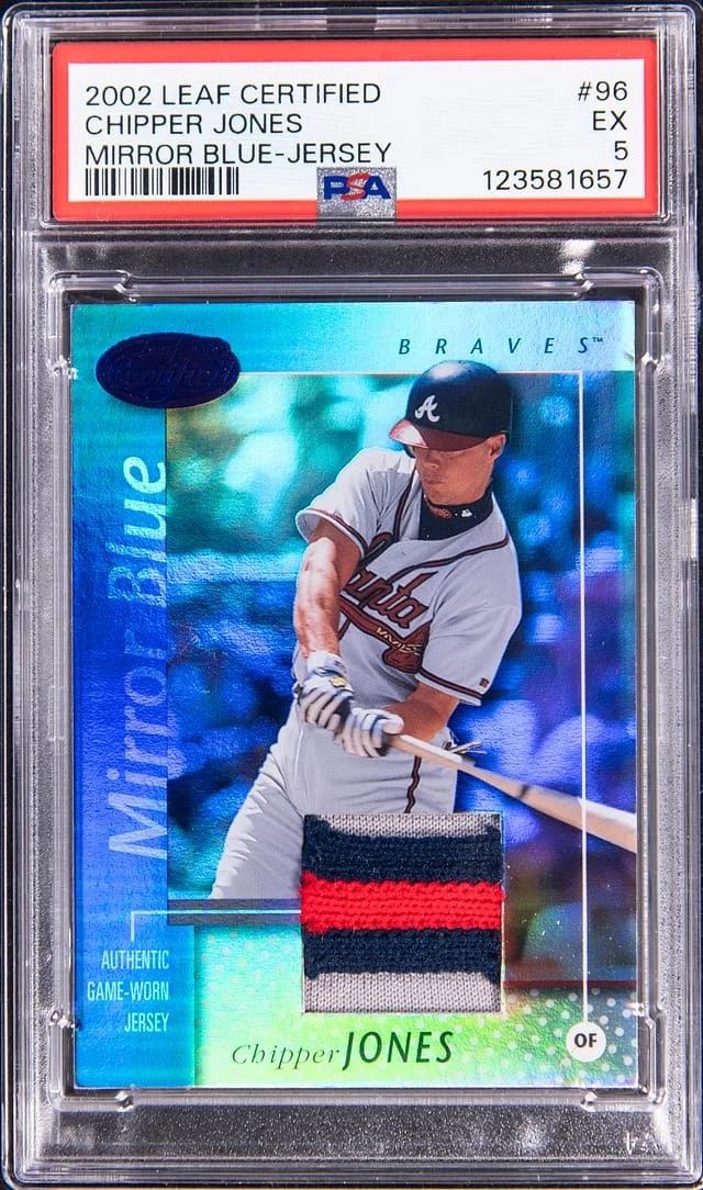 2002 Leaf Certified Chipper Jones Mirror Blue Jersey #98 card image