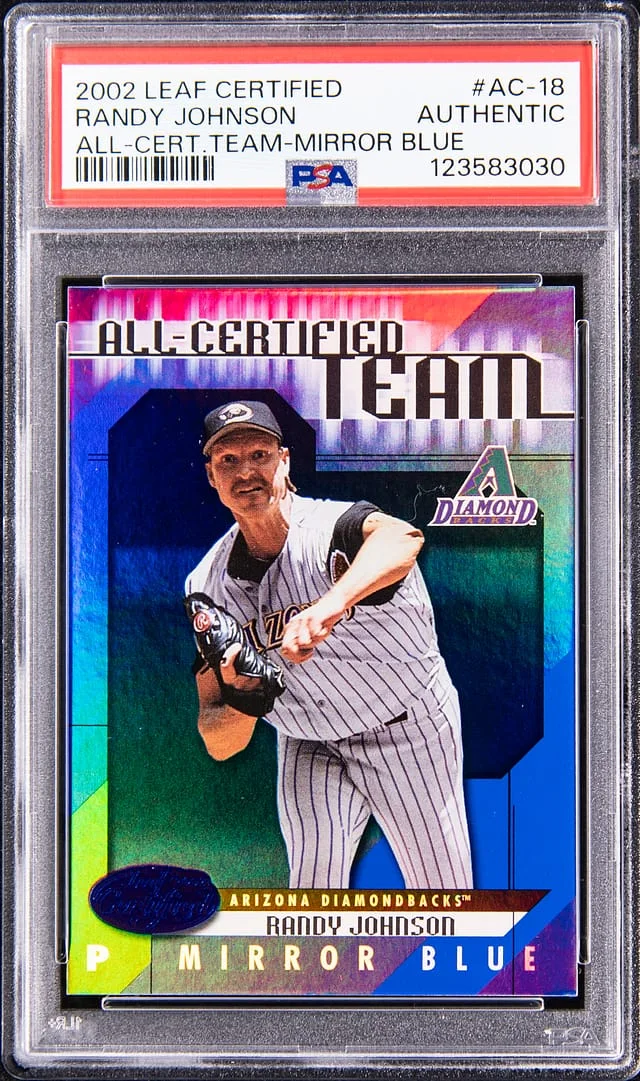 2002 Leaf Certified Randy Johnson All Certified Team Mirror Blue #AC-18 card image