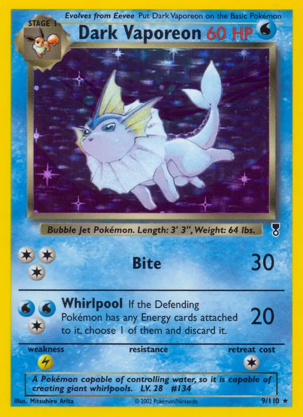 2002 Legendary Collection Dark Vaporeon Rare Holo #009/110 Rare Holo card image