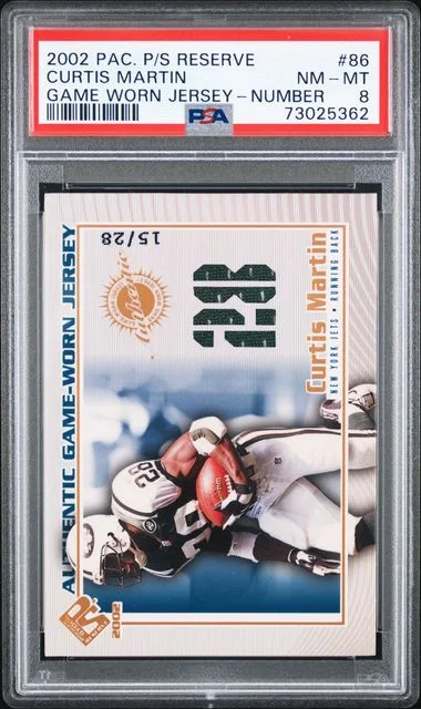 2002 Pacific Private Stock Reserve Game Worn Jersey Number Curtis Martin #86 card image
