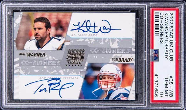 2002 Topps Stadium Club Tom Brady/Kurt Warner Co-Signers #CS-WB card image