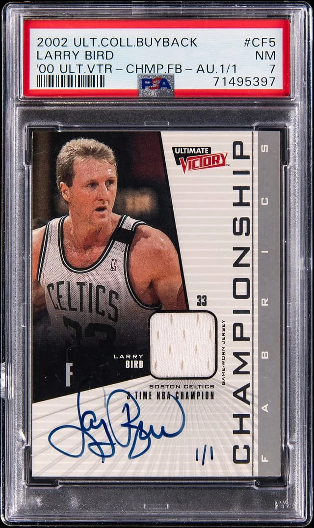 2002 Upper Deck Ultimate Collection Larry Bird Buyback '00 Ultimate Victory Championship Fabric Autograph #CF5 card image