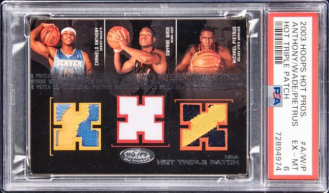 2003-04 Fleer Carmelo Anthony/Dwyane Wade/Mickael Pietrus Hoops Hot Prospects Hot Triple Patch #A/W/P card image