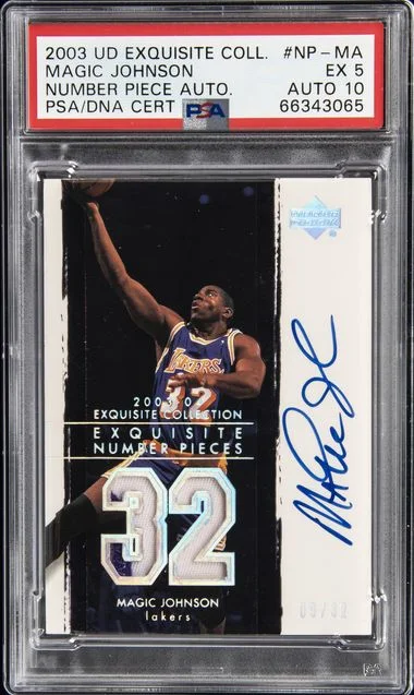 2003-04 UD Exquisite Collection Number Piece Autographs Magic Johnson #NP-MA card image