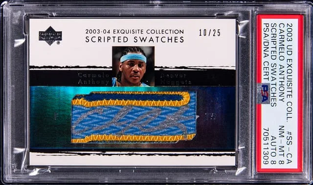 2003-04 UD Exquisite Collection Scripted Swatches Carmelo Anthony #SS-CA card image