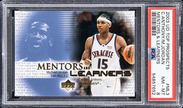 2003-04 UD Top Prospects Mentors & Leaners Carmelo Anthony/Michael Jordan #ML3 card image