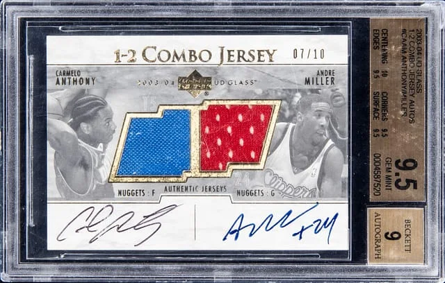 2003-04 Upper Deck Carmelo Anthony/Andre Miller Dual Glass 1-2 Combo Jersey Autograph #CA/AM card image