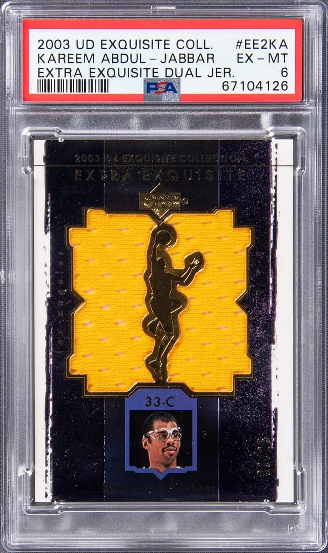 2003-04 Upper Deck Exquisite Collection Kareem Abdul-Jabbar Extra Exquisite Dual Jersey #EE2-KA card image