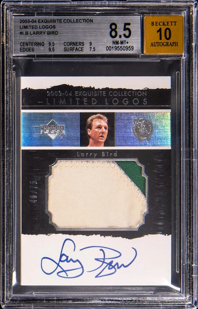 2003-04 Upper Deck Exquisite Collection Larry Bird Limited Logos Autograph Patch #LL-LB card image