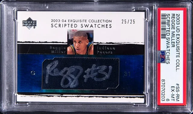 2003-04 Upper Deck Exquisite Collection Reggie Miller Scripted Swatches #SS-RM card image