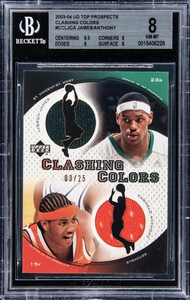 2003-04 Upper Deck LeBron James/Carmelo Anthony Top Prospects Clashing Colors #CC-LJ/CA card image