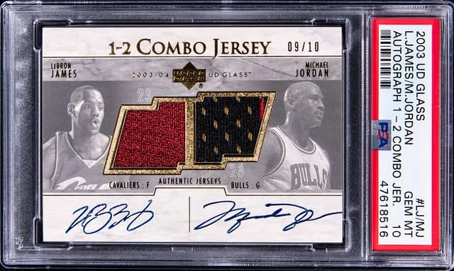 2003-04 Upper Deck Michael Jordan/LeBron James Glass Autograph 1-2 Combo Jersey #LJ-MJ card image