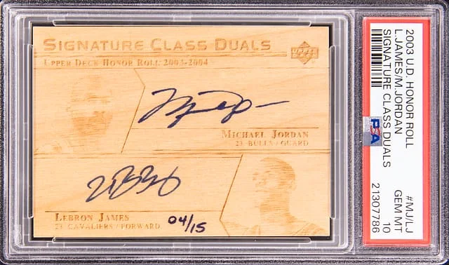 2003-04 Upper Deck Michael Jordan/LeBron James Honor Roll Signature Class Duals #SC-MJ/LJ card image